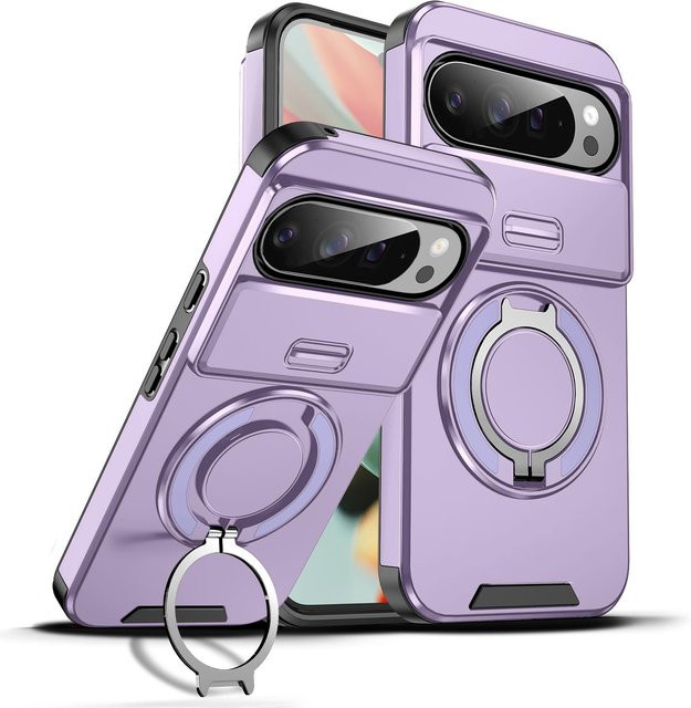 Stoßfeste Schutzhülle für Google Pixel 7 8 9 10 Pro XL mit Schiebekamera-Abdeckung und magnetischem Metallring Halter in Purple - Bild 1
