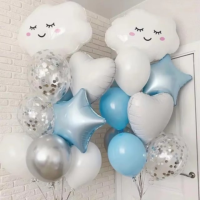 22-teiliges LQVYI Luftballon-Set in Weiß und Silber mit Wolken, Sternen, Herzen und Konfetti für Babyparty, Geburtstag oder Hochzeit - Bild 1