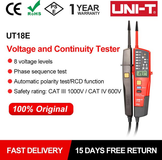 UNI-T Spannungs- und Durchgangsprüfer UT18E Digitalvoltmeter Phasenfolge Detektor 12V-1000V Elektriker Werkzeug - Bild 1