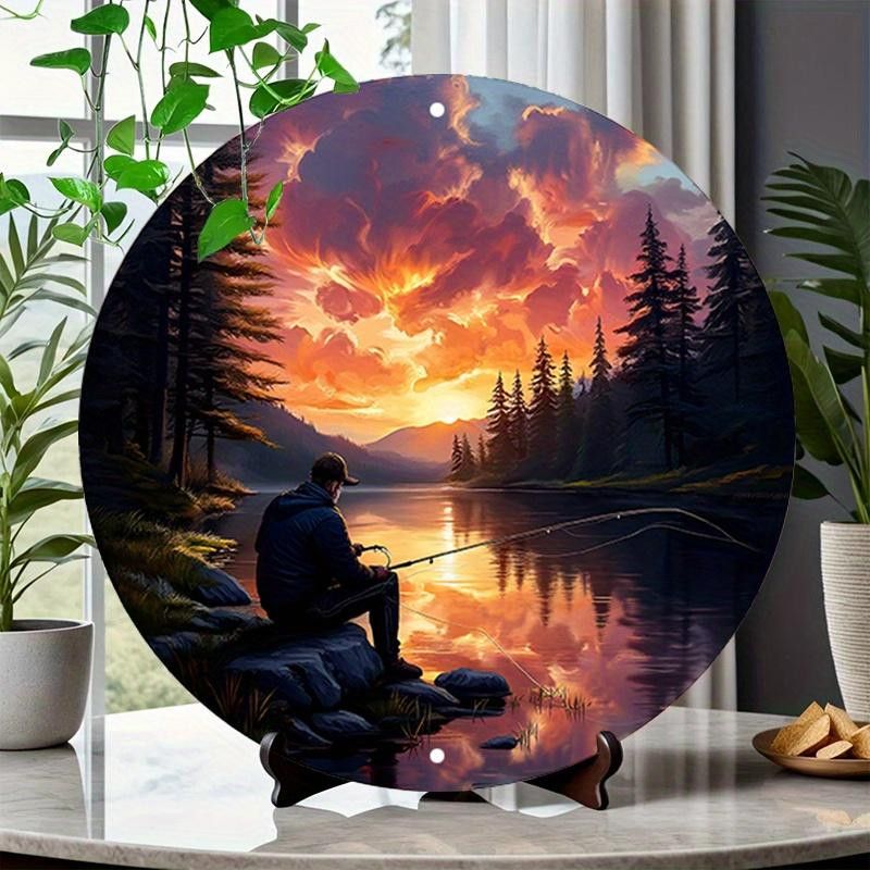 Vintage Wandkunst aus Holz mit Fischer-Landschaft und Sonnenuntergang am See, kreisförmige Hängedekoration, B/H: 20 x 20 cm - Bild 2