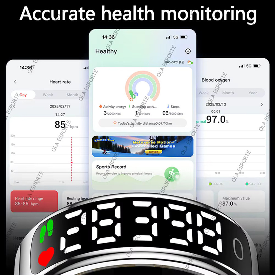 Ola Esporte Smartring in Schwarz mit Display und Touchscreen zur Herzfrequenz-, Blutsauerstoff- und Schlafüberwachung sowie Schrittzähler, wasserdicht und Unisex - Bild 4