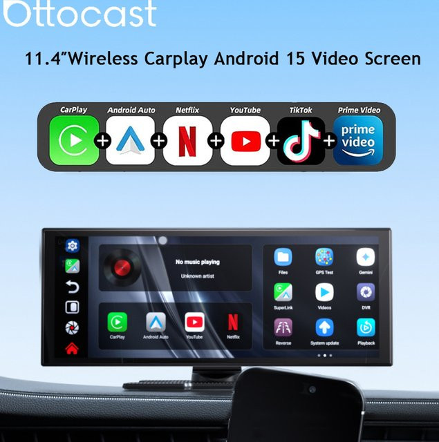 Ottocast Ottoscreen Ai 11,4 Zoll Kabelloses CarPlay und Android Auto Multimedia-Autoradio mit Netflix und YouTube in Schwarz - Bild 1