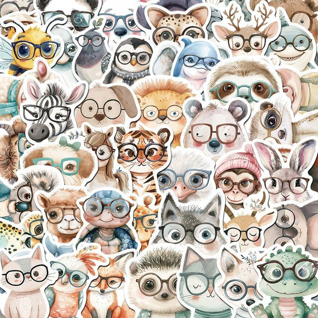 50 Stück wasserfeste Cartoon-Tier Aufkleber mit Brillen Motiv von Anime Worlds Store in Multicolor - Bild 1
