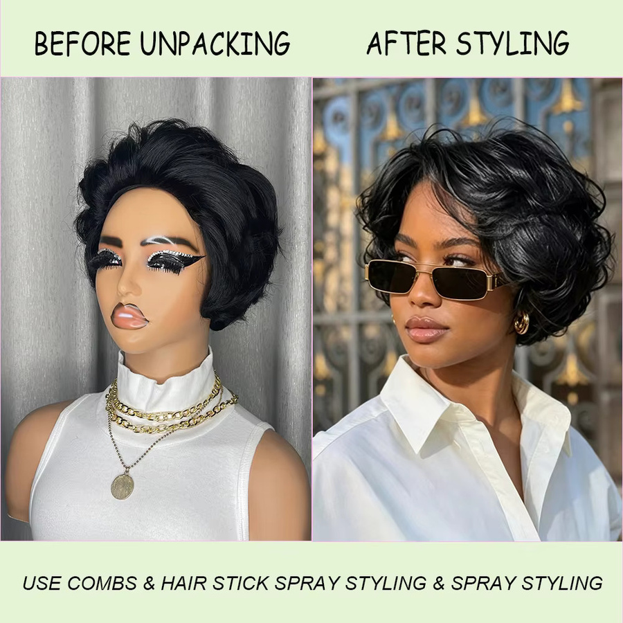 OYM HAIR Pixie-Schnitt-Perücke, kurze lockige Echthaar-Perücke, Damen - Bild 2