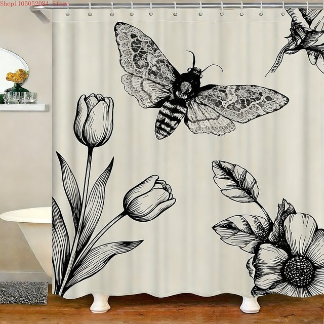 Wasserdichter Duschvorhang mit Vintage-Motten- und Blumenskizzen-Motiv in Weiß, B/H: 180 x 90 cm - Bild 1