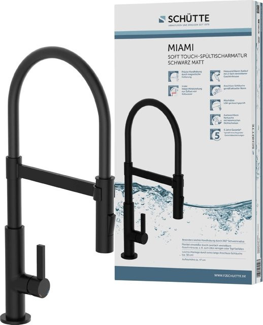 Schütte Spültischarmatur Miami Schwarz-Matt mit ausziehbarem Soft-Touch Schlauch und Spritzfunktion aus Messing - Bild 1