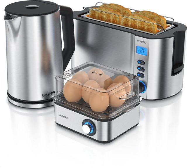 Arendo Frühstücks-Set in Silber bestehend aus 8er Eierkocher, Wasserkocher mit 1,5 l Volumen und 4-Scheiben Langschlitz-Toaster aus Edelstahl - Bild 1