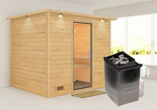 Karibu Sauna Paldiski aus Fichtenholz in Beige inklusive 9 kW Saunaofen mit integrierter Steuerung für 4 Personen B/T/H: 264 x 198 x 212 cm - Bild 1