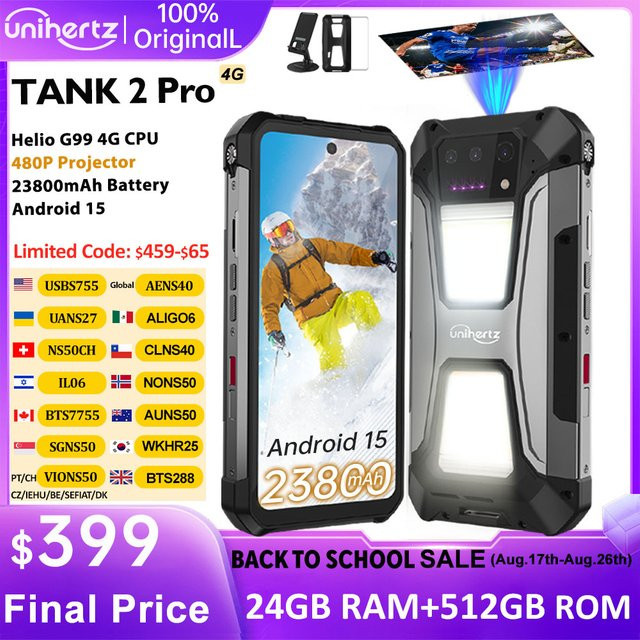 Unihertz Tank 2 Pro Robustes Smartphone in Schwarz mit Projektor, 100MP Kamera, 512 GB Speicher, 24 GB RAM, Android 14, Helio G99, 23800mAh Akku, NFC und 4G LTE - Bild 1