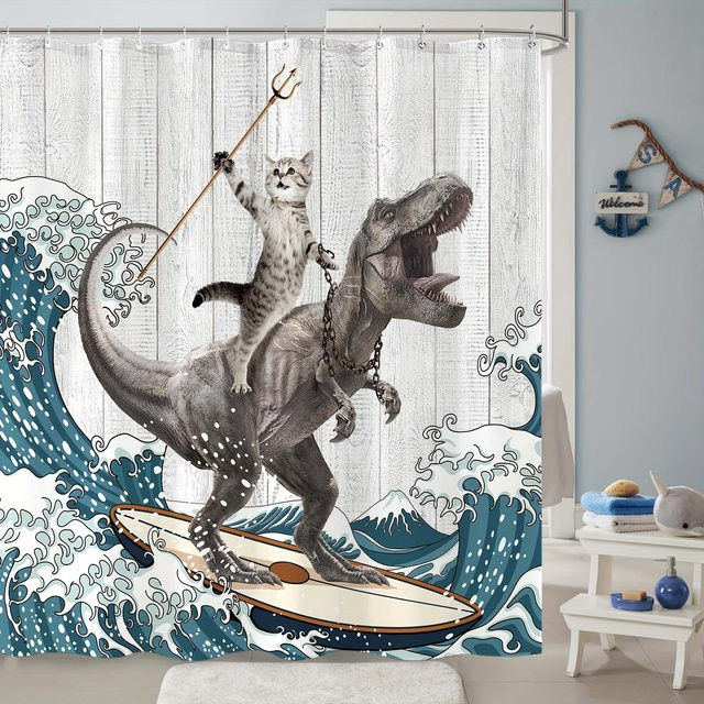 Duschvorhang mit Surfendem Dinosaurier und Katze von Jessica Chen, Mehrfarbiges Ozeanwellen Kunstdekor aus Polyester, B 90 cm x H 180 cm - Bild 1