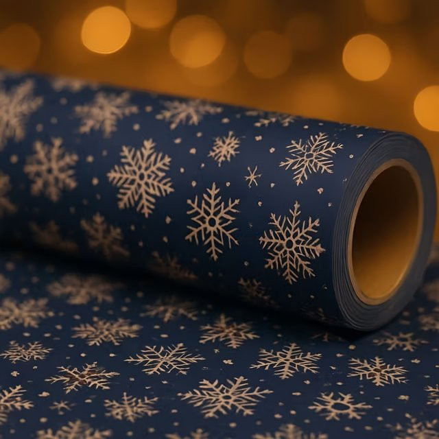 Geschenkpapier mit Schneeflocken-Motiv in Dunkelblau und Weiß mit Gold, ideal für Weihnachten und Neujahr - Bild 1