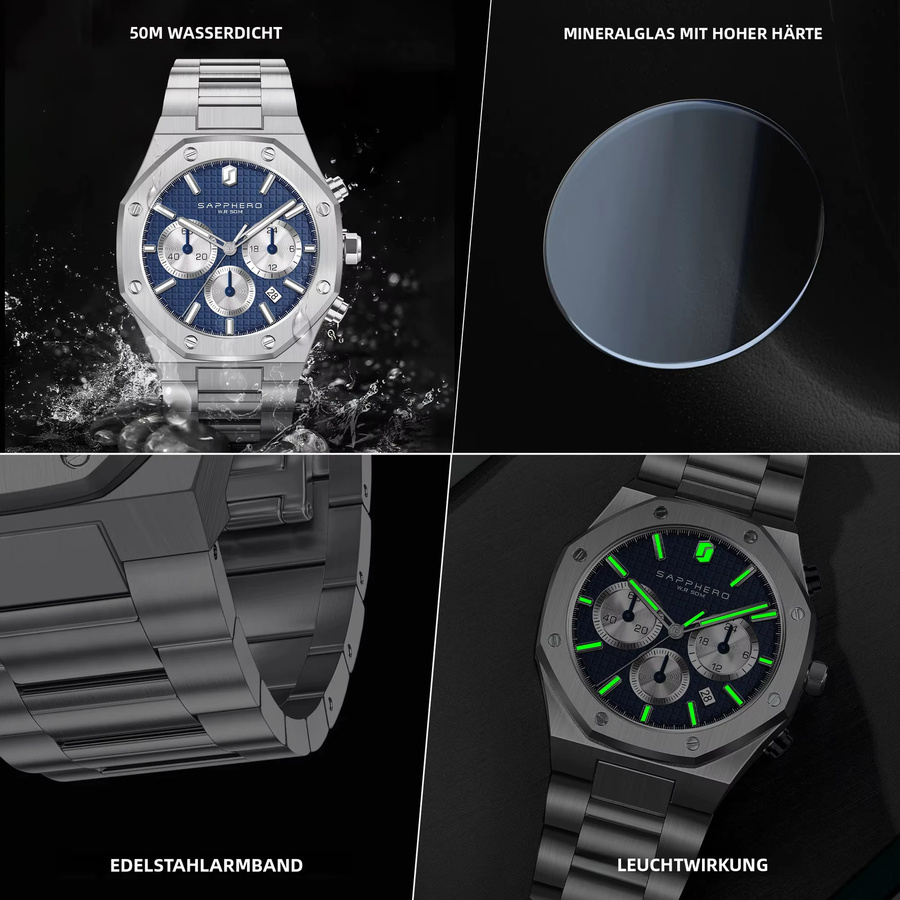 SAPPHERO Chronograph, Quarz, Edelstahl, Blaues Zifferblatt, Herren - Bild 4