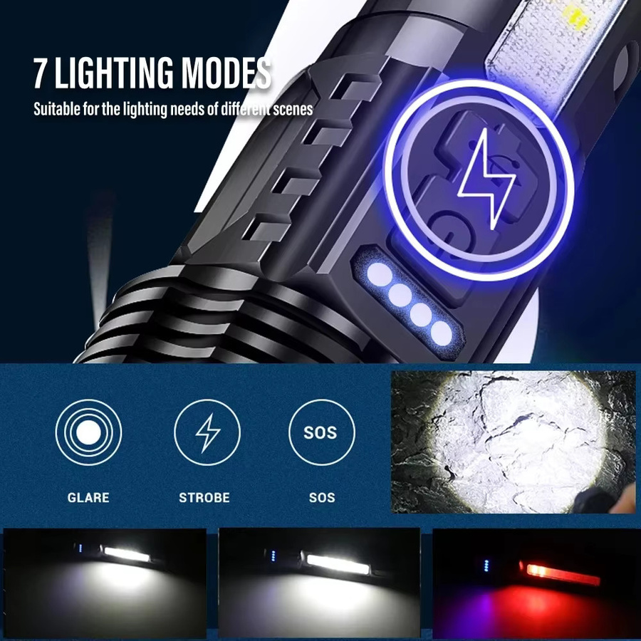 Wasserdichte XHP50 LED Taschenlampe aus Aluminium in Schwarz mit Seitenlicht, 7 Modi, USB wiederaufladbar und Zoomfunktion für Camping und Angeln - Bild 2
