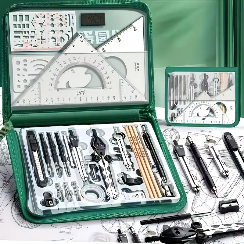 Premium-Präzisionstechnik-Entwurfs- und CAD-Design-Set in Multicolour aus Kunststoff mit Kompass, Winkelmesser, Linealstange und Kratzer - Bild 3