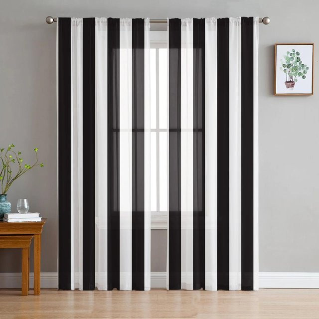 Yiran Furniture Transparentes Tüll-Voile-Organza Vorhang-Set mit schwarz-weißem Streifenmuster für Wohnzimmer, Küche und Schlafzimmer, B: 135 cm, H: 245 cm, 2er-Pack - Bild 1