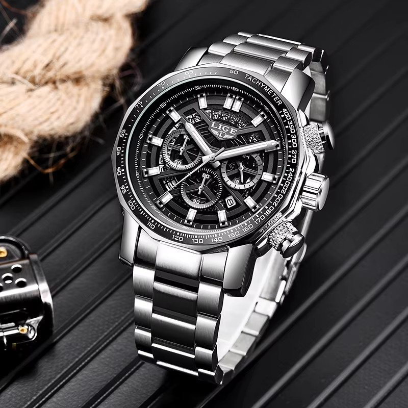 LIGE Armbanduhr Quarz, Edelstahl, Schwarz, Silber, Herren - Bild 3