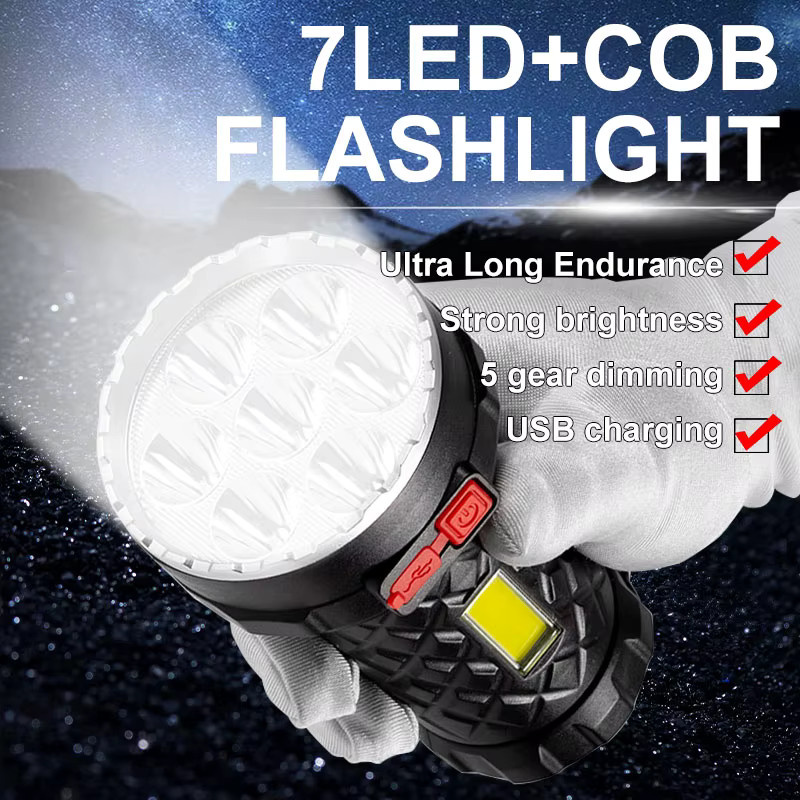 ESMARTER Tragbare LED Taschenlampe in Schwarz mit 7 LED-Lampenperlen, COB-Seitenlicht und wiederaufladbarem Akku für Outdoor und Camping - Bild 2