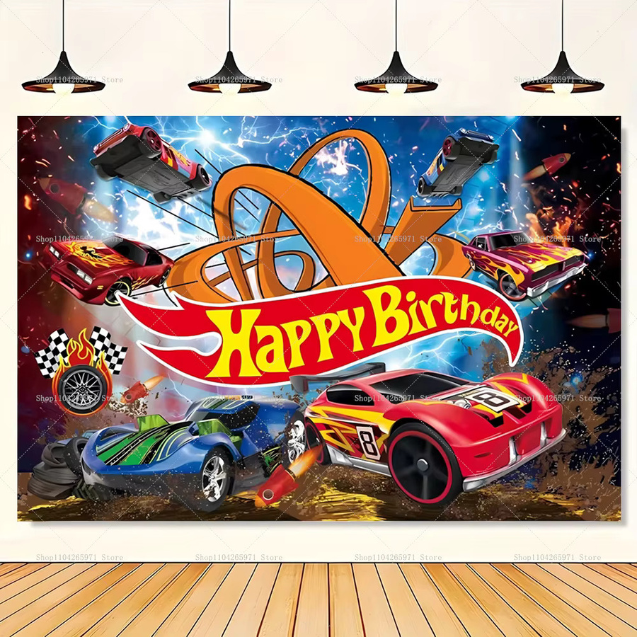 Hot Wheels Cartoon Geschwindigkeitsrennen Party-Hintergrund für Kindergeburtstage und Babypartys, mehrfarbig, rechteckig - Bild 2