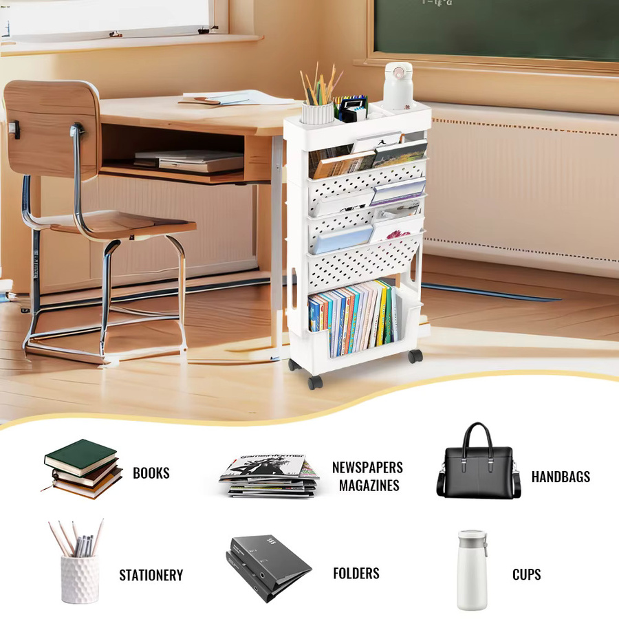 HGTUGO 5-stufiges mobiles Aufbewahrungsregal mit Handwagen in Weiß für Wohnzimmer und Schlafzimmer - Bild 5