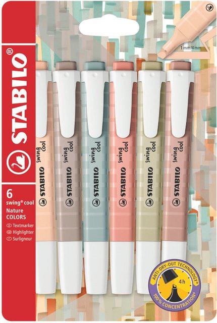 STABILO swing cool Textmarker Nature Set mit 6 Stück in Beige, Grau, Grün, Braun und Multicolour mit Keilspitze - Bild 1