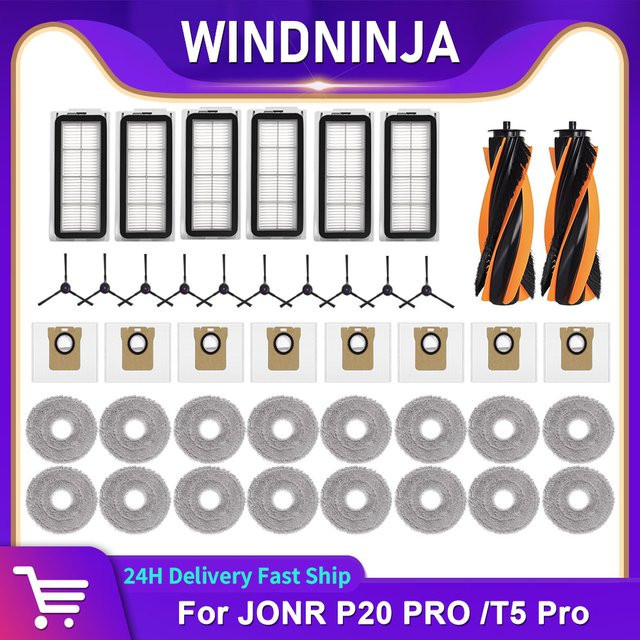 WINDNINJA Ersatzteil-Set für JONR P20 und T5 Pro Roboterstaubsauger mit Hauptwalzenbürste, Filtern, Mopptüchern, Seitenbürsten und Staubbeuteln aus Kunststoff - Bild 1