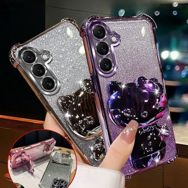 Hello Kitty Handyhülle mit Glitzer-Spiegel und Ständer für Samsung S26 Ultra Plus, S25 Edge, S24, S23 FE und S22 in Lila mit Eckenschutz - Bild 1