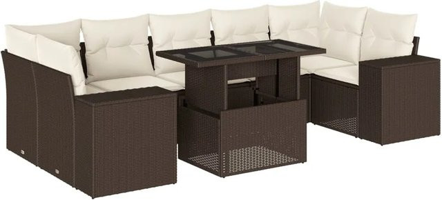 vidaXL 8-teilige Garten-Sofagarnitur in L-Form aus braunem Poly-Rattan mit cremeweißen Kissen und pulverbeschichtetem Stahlgestell - Bild 1
