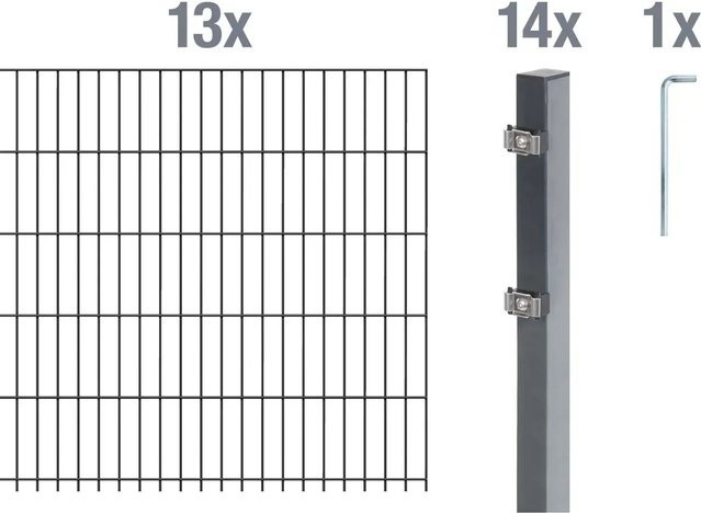 Metallzaun Doppelstabmatte Grund-Set aus Stahl, anthrazit beschichtet, H: 1,4 m x B: 2 m, 13 Stück - Bild 1
