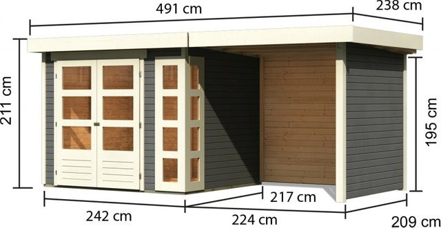 Gartenhaus KARIBU KERKO 3 aus nordischer Fichte in Terragrau mit Anbaudach, Seiten- und Rückwand, B/T/H: 242 x 217 x 195 cm - Bild 1