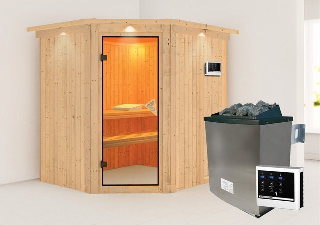 Karibu Sauna-Set Swenna in Braun mit bronzierter Ganzglastür, 9 kW Edelstahl-Ofen und externem Steuergerät - Bild 1