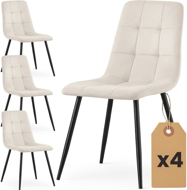 4er Set AKORD Polsterstühle aus Velours in Beige mit schwarzen Metallbeinen - Bild 1
