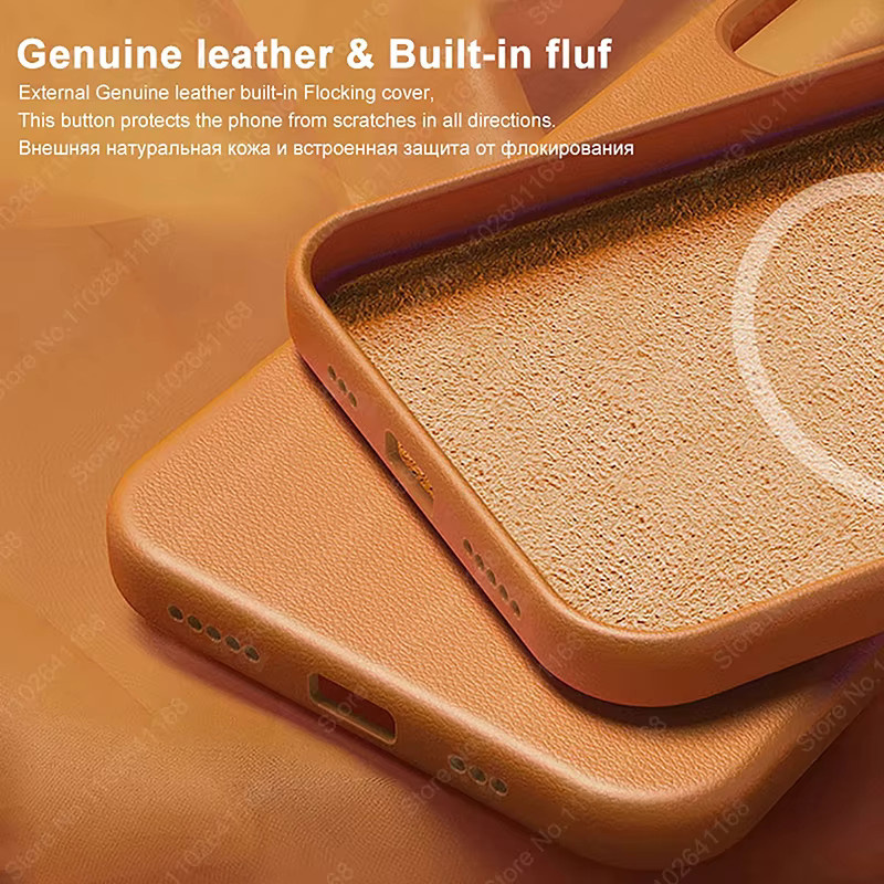FUKABO Animierte Ledertasche für iPhone 16 15 14 13 Pro Max Plus mit MagSafe Magnetischer Kabellose Ladefunktion in Braun und Orange - Bild 2