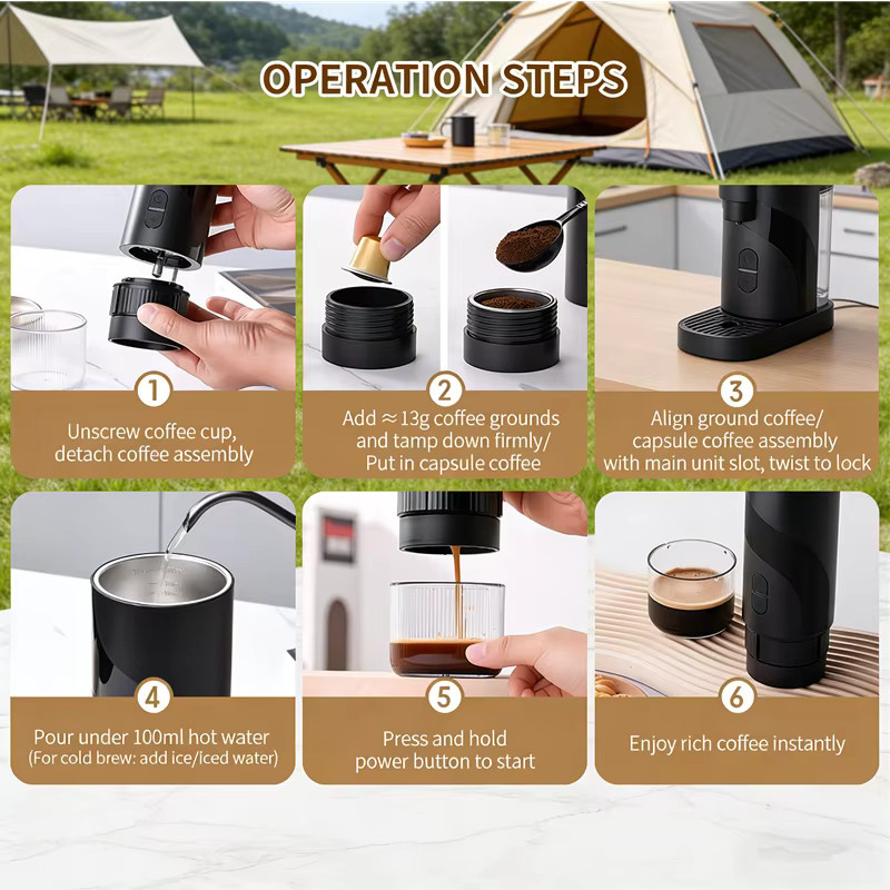 JFBONIN 2-in-1 Tragbare Elektrische Kaffeemaschine mit Kapselfunktion und integrierter Kaffeemühle, Schwarz - Bild 5