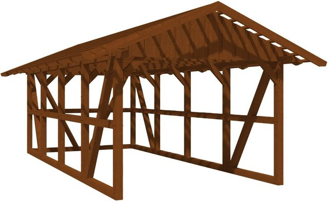 Skan Holz Carport Schwarzwald mit Satteldach, Dachlattung und Rückwand aus Fichtenholz in Nussbaum Braun, B: 424 cm, H: 772 cm - Bild 1