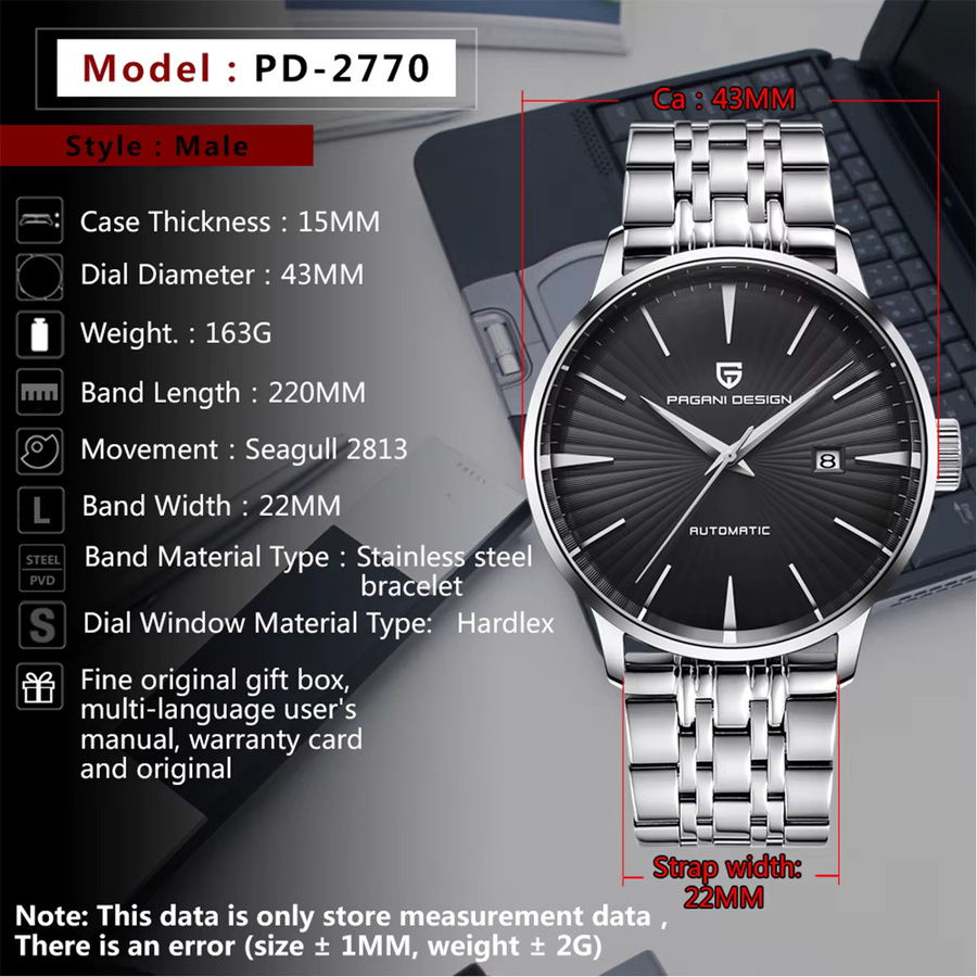 PAGANI DESIGN Armbanduhr Automatik, Edelstahl, Schwarz, Herren - Bild 6
