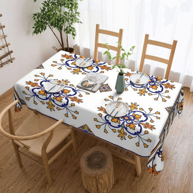 Rechteckige Tischdecke von JINGYUE Pet mit traditionellem portugiesischem Azulejo-Fliesenmuster in Blau, Orange, Grau und Weiß, B: 137 cm, L: 183 cm - Bild 1