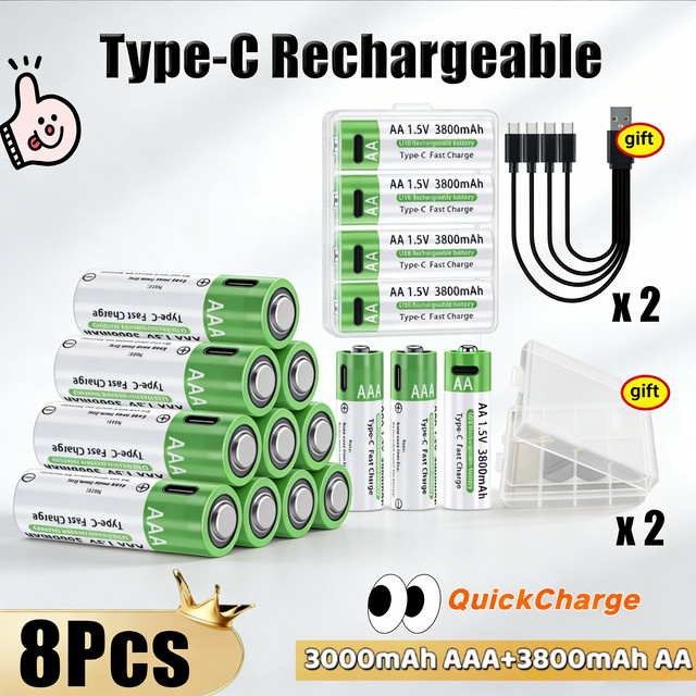 SCRCEO Wiederaufladbare Lithium-Ionen-Akkus Typ-C Set in Grün, AA 3800mAh und AAA 3000mAh für Fernbedienung, Maus und Spielzeug - Bild 1