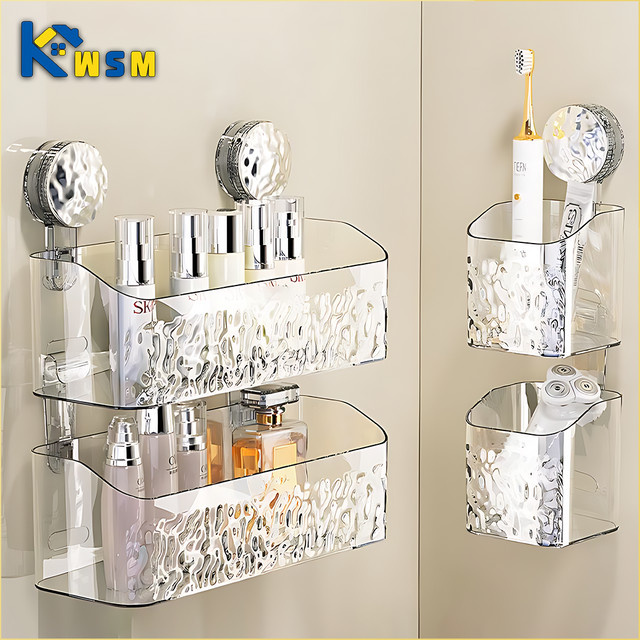 Trebalena Acryl Regal mit Saugnapf für Badezimmer und Küche, rotierender Hängekorb aus Kunststoff in Grau oder Transparent - Bild 1