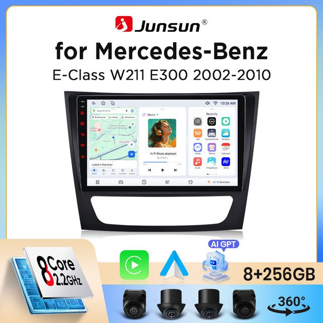 Junsun Wireless CarPlay und Android Auto Autoradio für Mercedes-Benz E-Klasse W211 (2002-2009) mit GPS, WiFi, Bluetooth und IPS-Touchscreen in Schwarz - Bild 1
