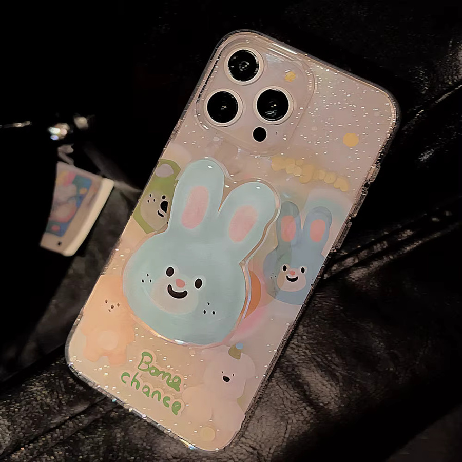 MUQGEW Handyhülle mit glitzernden koreanischen Cartoon-Tieren und blauer Hase-Halterung für iPhone 17 16 15 14 13 12 11 Pro Max, stoßfestes Softcover, Blau/Mehrfarbig - Bild 3