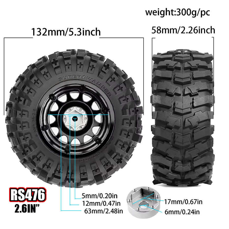 MJX All Terrain Soft Rubber Crawler Autoreifen und Felge, 2,6 Reifen, Schwarz - Bild 3