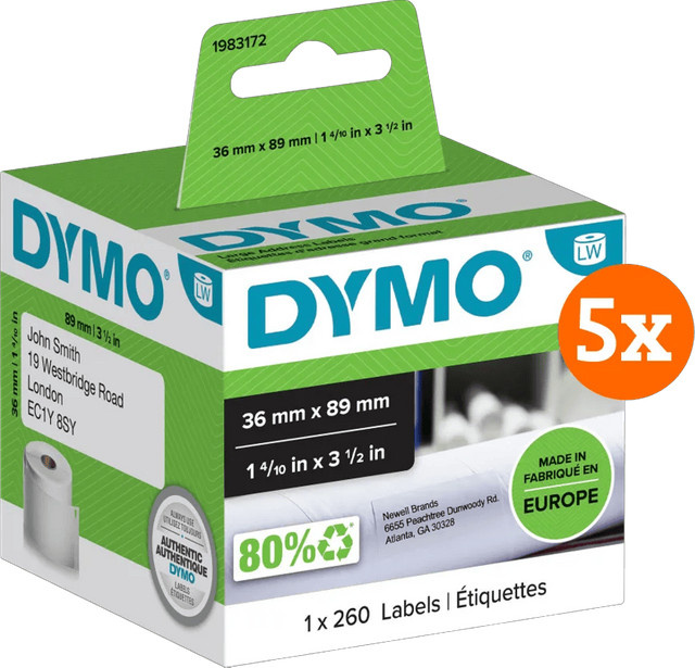 DYMO LabelWriter Adressetiketten aus Papier, Weiß, 5er-Pack, Breite: 8,9 cm, Höhe: 3,6 cm - Bild 1