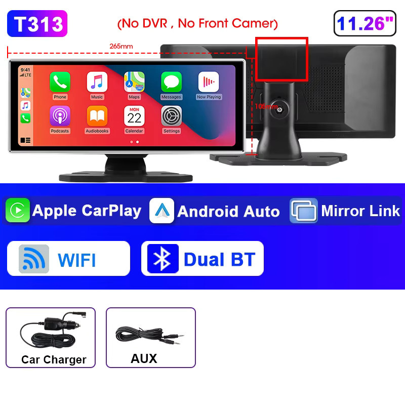 Srnubi 4K Dash Cam mit Android Auto und CarPlay, 11,26 Zoll Auto DVR Spiegel mit Dual Len, Bluetooth, FM und AUX, Schwarz - Bild 6