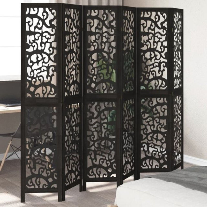 Vidaxl 6-teiliger Paravent Schwarz aus Massivholz Paulownia als freistehender Raumteiler mit geometrischem Design - Bild 1