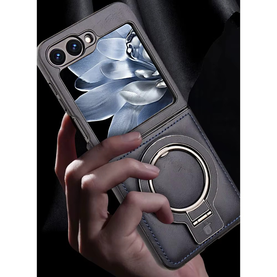 Premium Leder Handyhülle mit magnetischer Falte und Metallringhalterung für Samsung Galaxy Z Flip 7, FE, 6, 5, 4, 3 in Blau - Bild 3