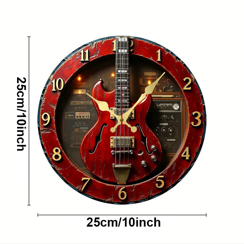 WOKLOK Runde Wanduhr aus Holz im Vintage-Gitarren-Stil, geräuschlos, Rot - Bild 2