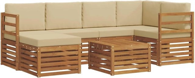vidaXL Sofagarnitur 7-teilig aus Massivholz Akazie in Natur und Beige mit L-Form und Polsterkissen - Bild 1