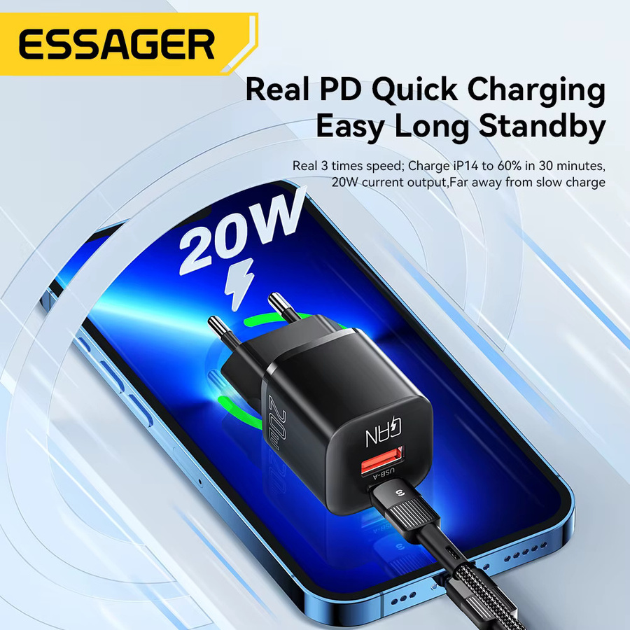 Essager 20W GaN USB Typ C Ladegerät mit PD und QC 3.0 Schnellladung in Schwarz - Bild 3