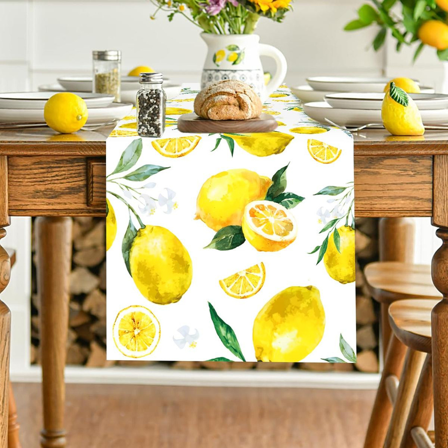 MK Home Tischläufer Sommer Zitrone mit floralem Blätter-Design aus Leinen, Mehrfarbig, Breite: 35 cm, Länge: 180 cm - Bild 3