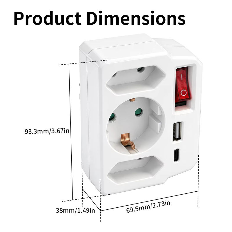 CILIA EU-Schuko-Adapter 1-zu-3 Wandsteckdosen-Verlängerungskonverter mit Schalter und USB-C sowie USB Anschlüssen in Weiß - Bild 4